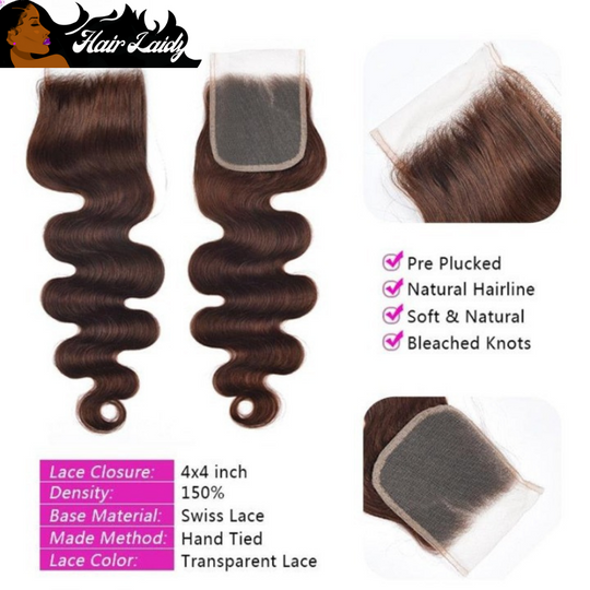 Chocolate Brown Brazilian Remy Hair Weave With Closure 3 Bundles + 4x4 Closure