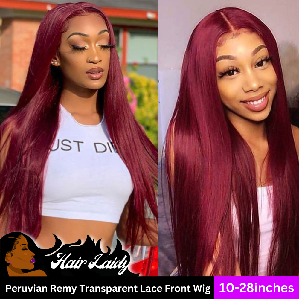 28" 99J Red Burgundy Peruvian Remy Straight Transparent Lace Front Wig 10-28 Inches