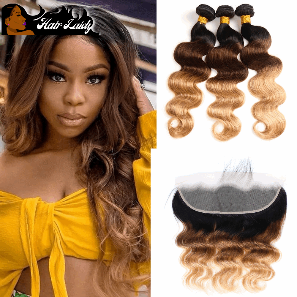 Black Brown Blonde Ombré Brazilian Body Wave Remy Hair Weave 3/4 Bundles With HD Lace Frontal Closure
