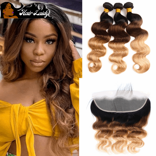 Black Brown Blonde Ombré Brazilian Body Wave Remy Hair Weave 3/4 Bundles With HD Lace Frontal Closure