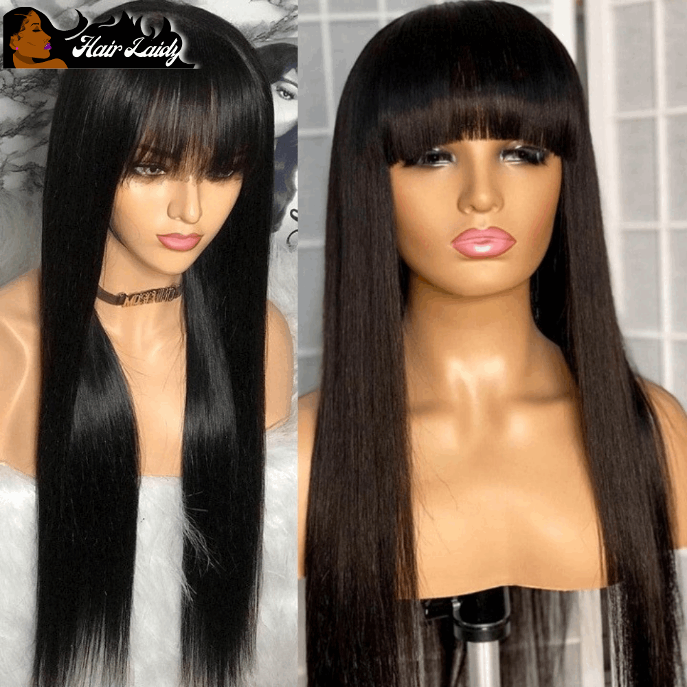 28” Brazilian Remy Straight Wig With Bangs 8-28 Inches 150% Density