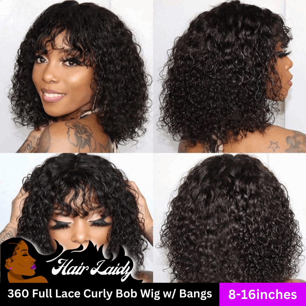 16” Brazilian Remy Curly Bob 360 Glueless Full Lace Wig With Bangs Short Water Wave 8-16 Inches