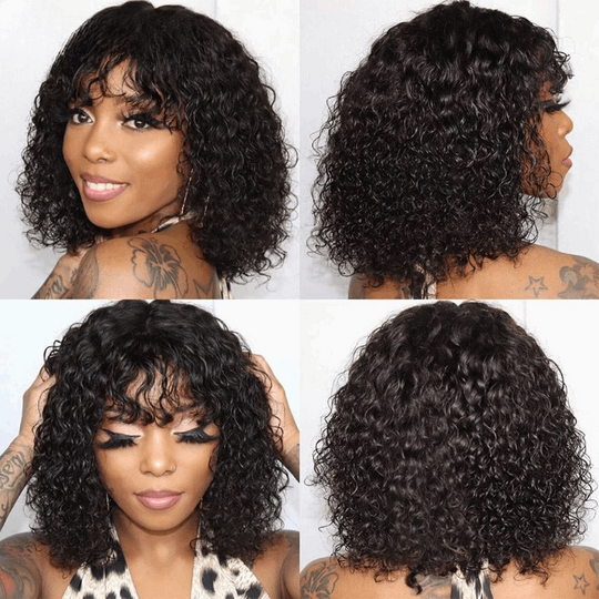16” Brazilian Remy Curly Bob 360 Glueless Full Lace Wig With Bangs Short Water Wave 8-16 Inches