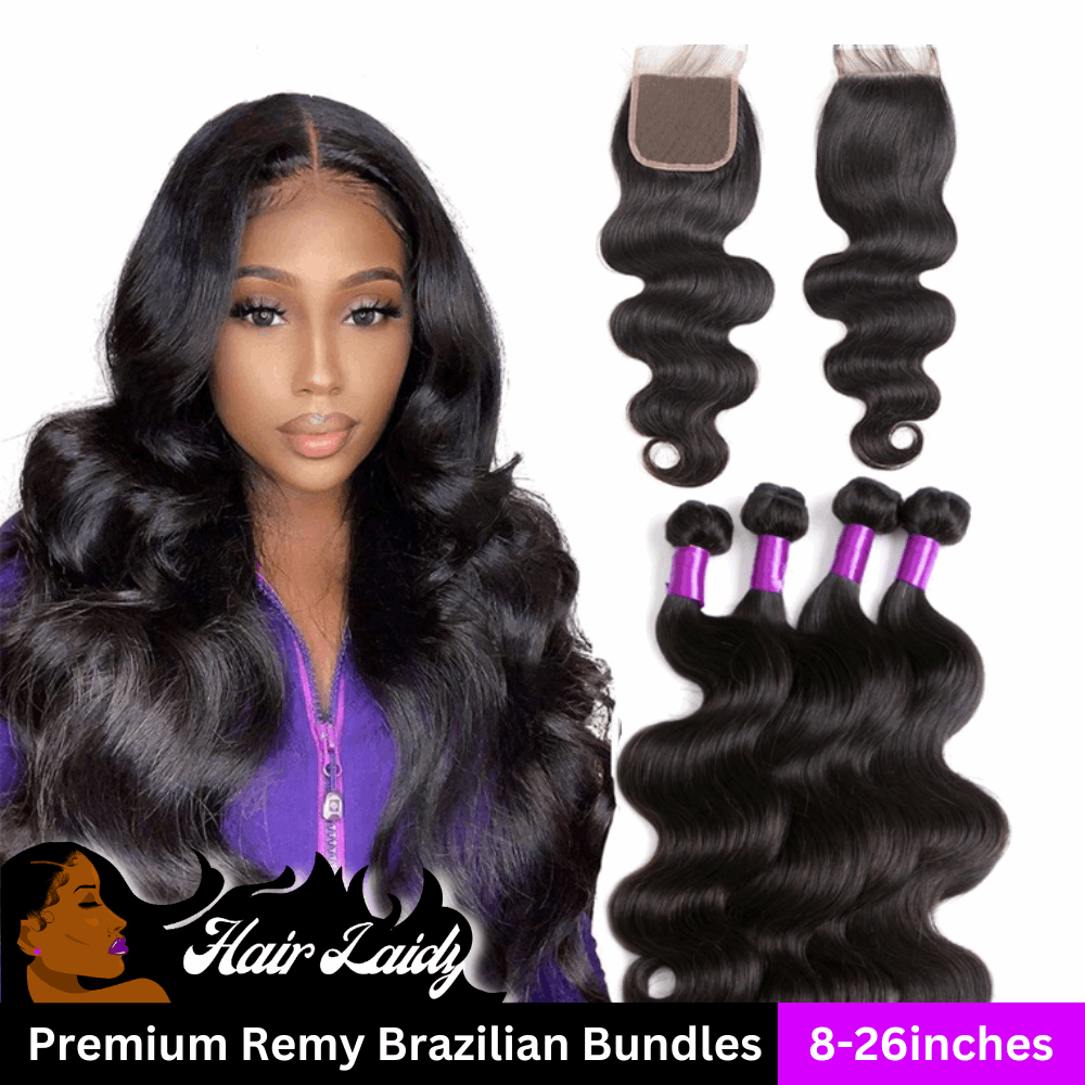 1B Natural Black Brazilian Body Wave 3/4 Bundles With Closure 12-30 Inches