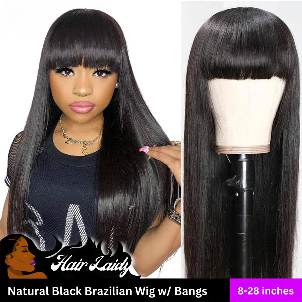 28” Brazilian Remy Straight Wig With Bangs 8-28 Inches