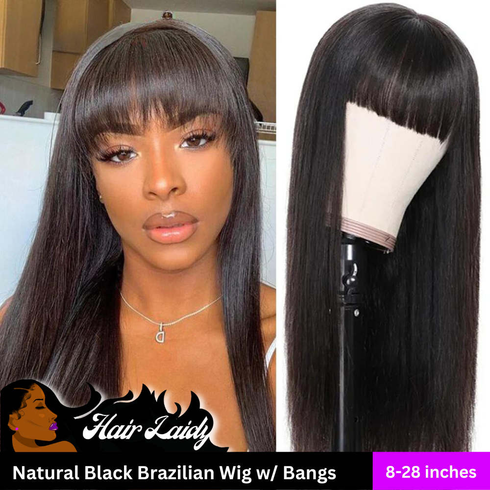 28” Brazilian Remy Straight Wig With Bangs 8-28 Inches