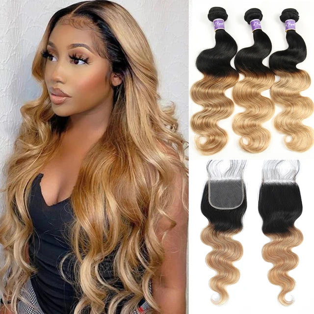 Natural Black Blonde Ombre Brazilian Body Wave Remy Hair Weave 3/4 Bundles With HD Lace Frontal