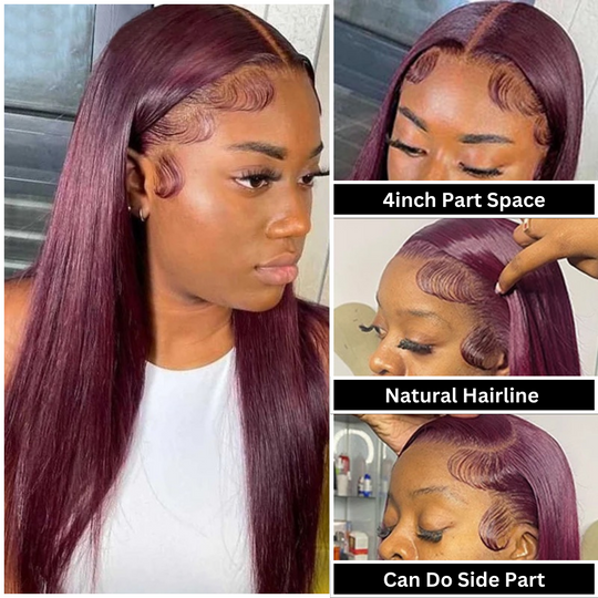 28" 99J Red Burgundy Peruvian Remy Straight Transparent Lace Front Wig 10-28 Inches