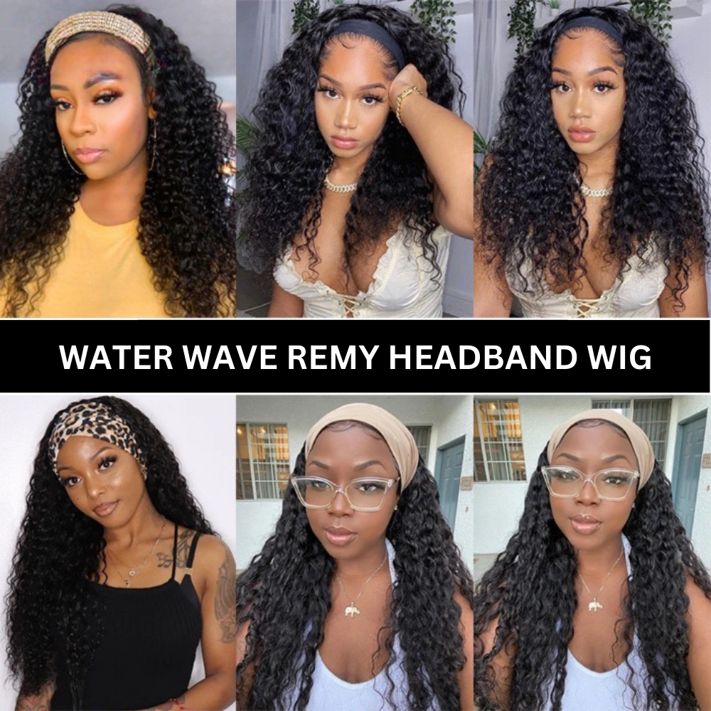 28" Brazilian Remy Water Wave Headband Wig - 1B Natural Black, Available in 8-28 Inches