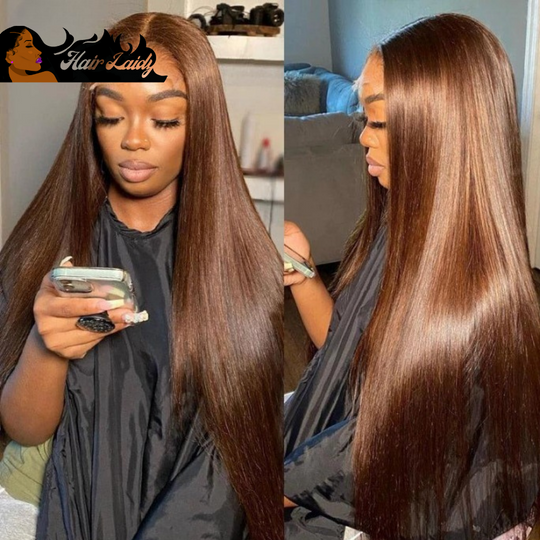 Straight Chocolate Brown Brazilian Remy Human Hair Transparent Lace Front Wig 5x5 Lace Closure 13x4 Lace Frontal 12-30 Inches
