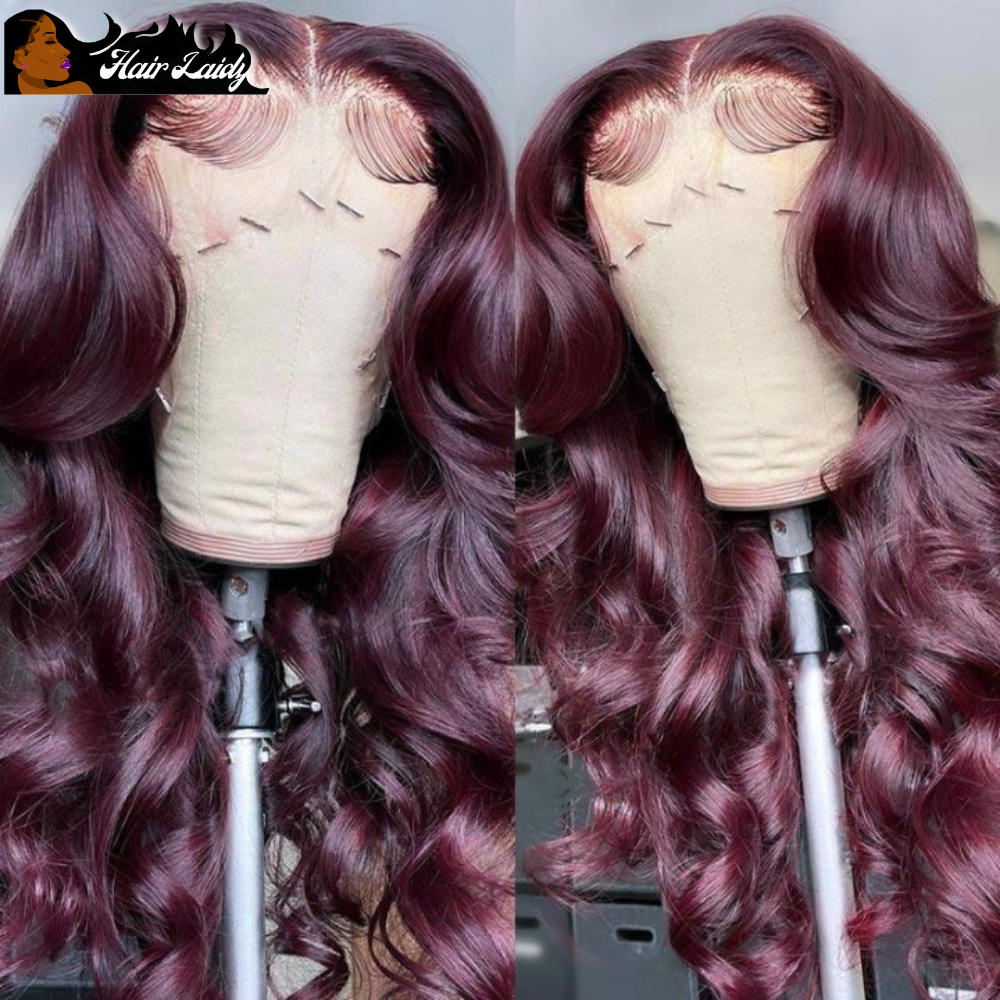 Red Burgundy 99J Brazilian Remy Body Wave Pre Plucked Transparent Lace Front Wig 10-28 Inches