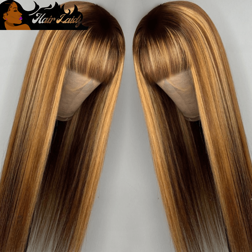 #27 Brown Ombre with Blonde Highlights Peruvian Remy Straight Wig With Bangs 8-26 Inches - hairlaidy