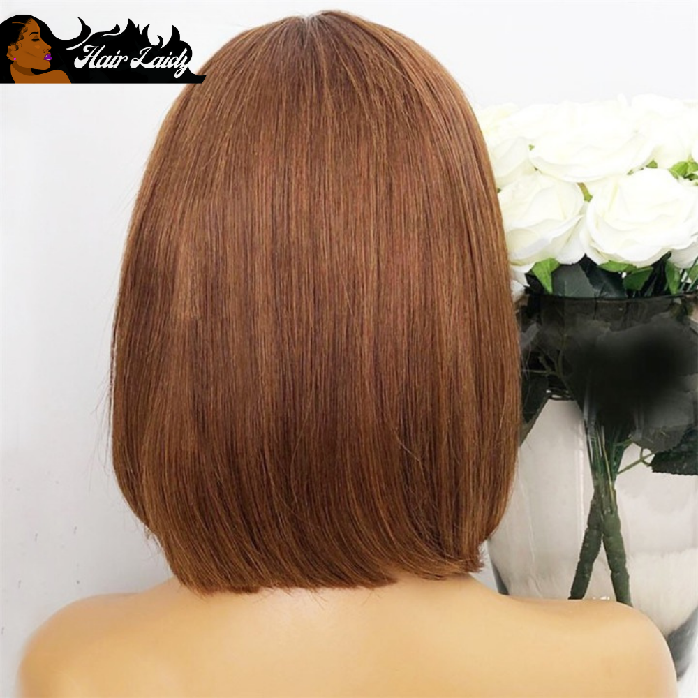 Honey Brown Straight Short Bob Wig 13x1 T Part Brazilian Remy 10 -18 Inches