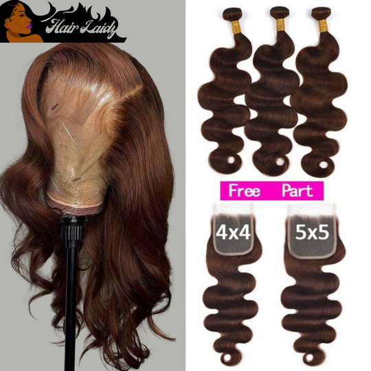 Chocolate Brown Brazilian Remy Hair Weave With Closure 3 Bundles + 4x4 Closure