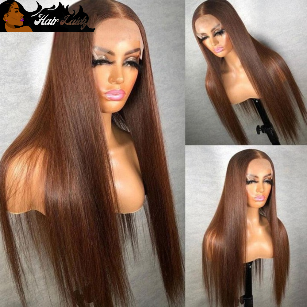 Straight Chocolate Brown Brazilian Remy Human Hair Transparent Lace Front Wig 5x5 Lace Closure 13x4 Lace Frontal 12-30 Inches