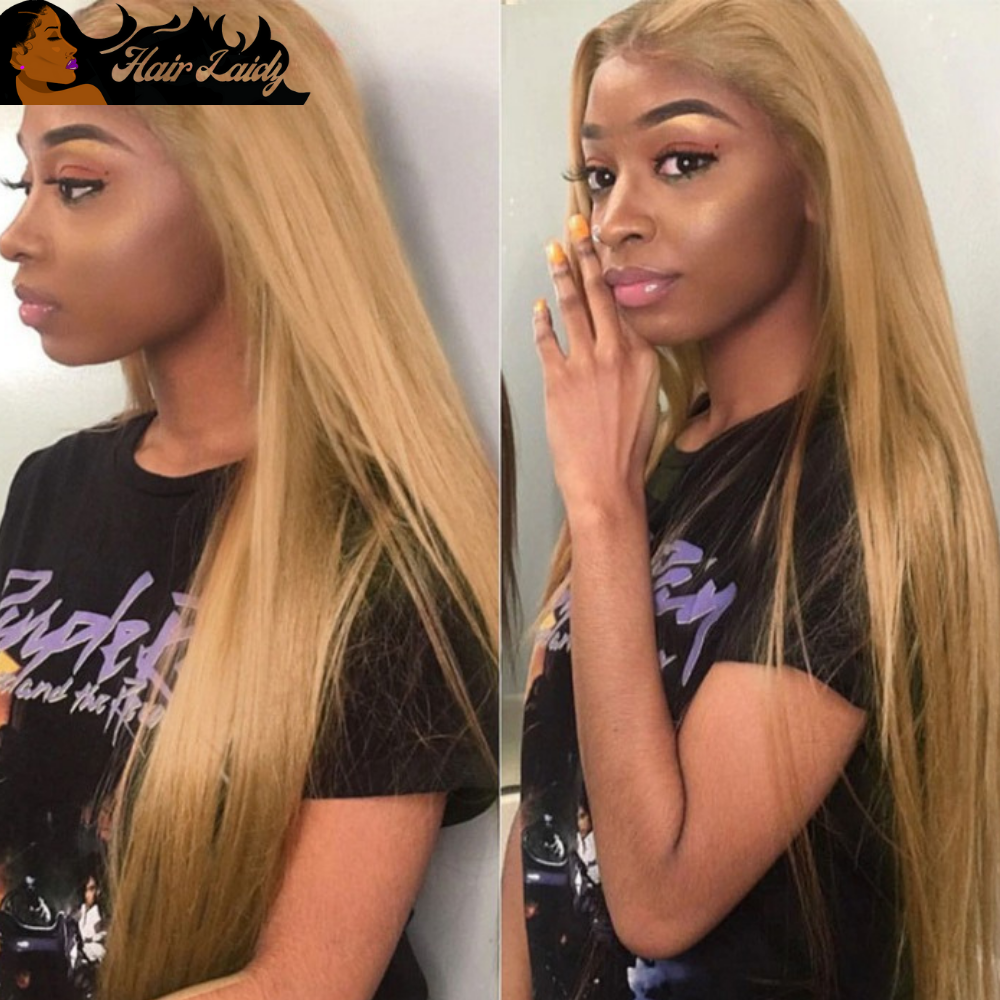 Honey Blonde #27 Straight Brazilian Remy 4x4 Lace Closure Wig 12-24 Inches