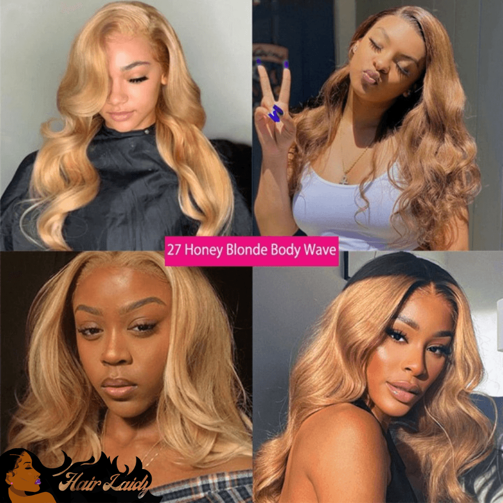 #27 Honey Blonde Brazilian Hair Weave with Closure 3 Bundles with 4x4 Transparent Lace Frontal 8-28 Inches - hairlaidy