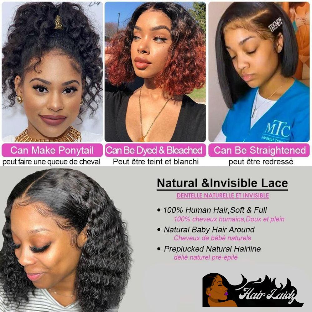 Brazilian Water Wave Short Bob 13X4 Lace Front 4x4 Closure Wig Human Hair Wavy Curly Bob Pre Plucked T Part Frontal 8-16 Inches