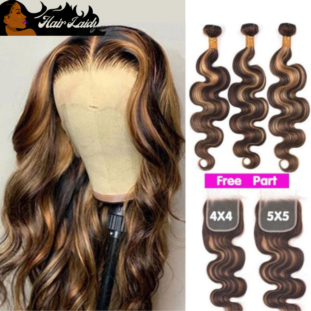 P4/27 Brazilian Body Wave Ombre Highlight 3/4 Bundles With 5x5 Closure 8-30 Inches
