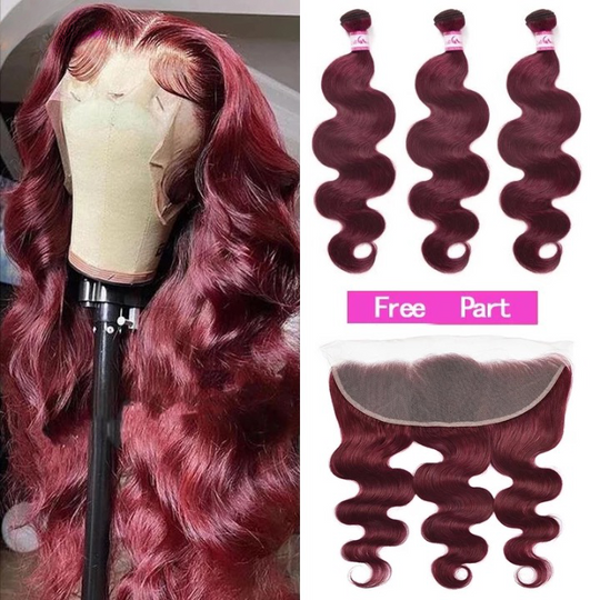 Red Burgundy Brazilian Body Wave Human Hair Weave Extensions with 13x4 Frontal Lace Closure 18-30 Inches 360 Baby Hair