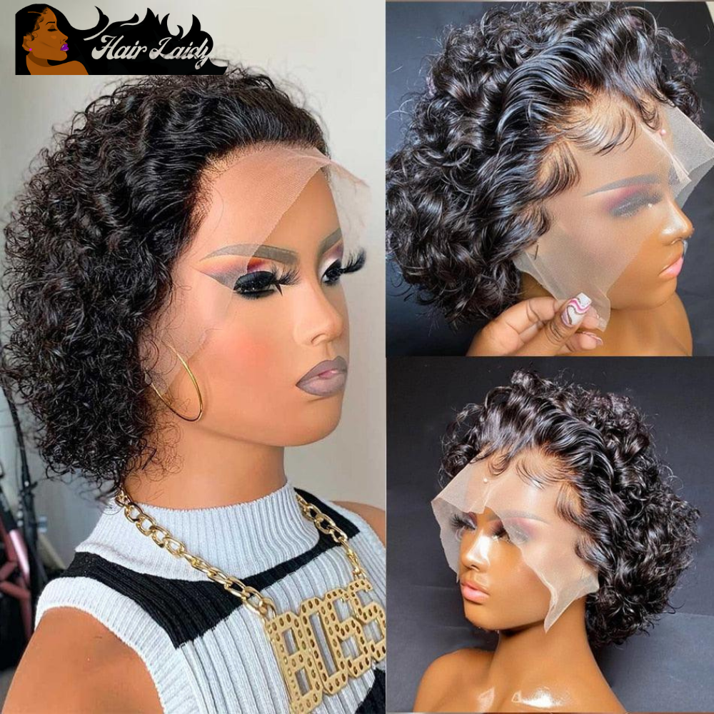 Pixie Cut Wig Short Bob Curly Human Hair Wig Transparent Lace 99J Burgundy Deep Water Wave Lace Front