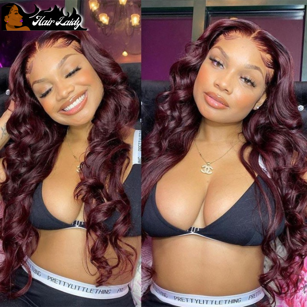 Red Burgundy 99J Brazilian Remy Body Wave Pre Plucked Transparent Lace Front Wig 10-28 Inches