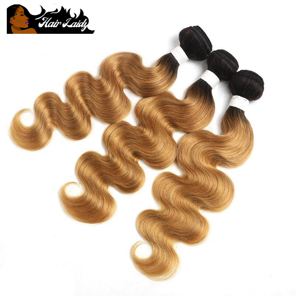 Ombre Brazilian Body Wave Hair Bundles Honey Blonde Human Non-Remy Hair Weave 14 - 26 Inches 1 / 3 / 4 Bundles