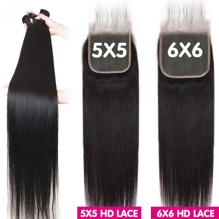 4PC Brazilian Straight Hair Extensions 3 Bundles With 4x4 5x5 6x6 Closure 12-40 Inches 3 Bundles + 5x5 or 6x6 Lace Closure