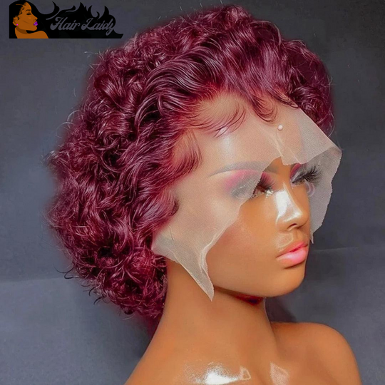 Pixie Cut Wig Short Bob Curly Human Hair Wig Transparent Lace 99J Burgundy Deep Water Wave Lace Front