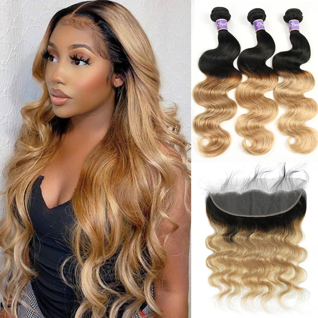 Natural Black Blonde Ombre Brazilian Body Wave Remy Hair Weave 3/4 Bundles With HD Lace Frontal Closure