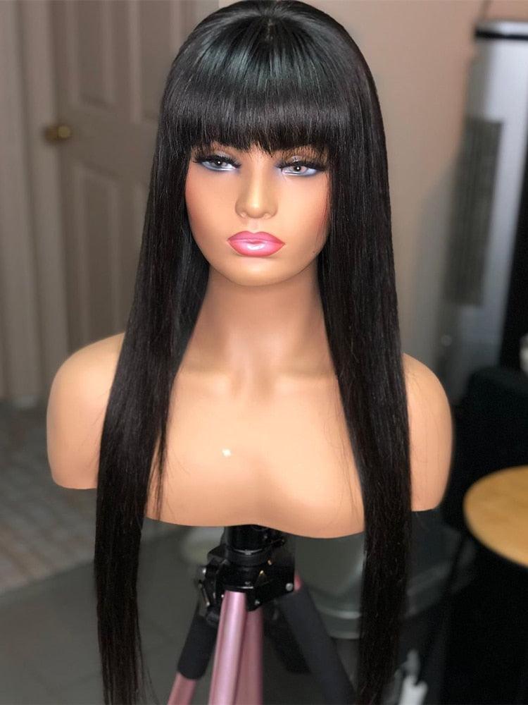 30" Brazilian Straight Long Fringe Wig 100% Human Hair With Bangs 8 - 30 Inches - hairlaidy