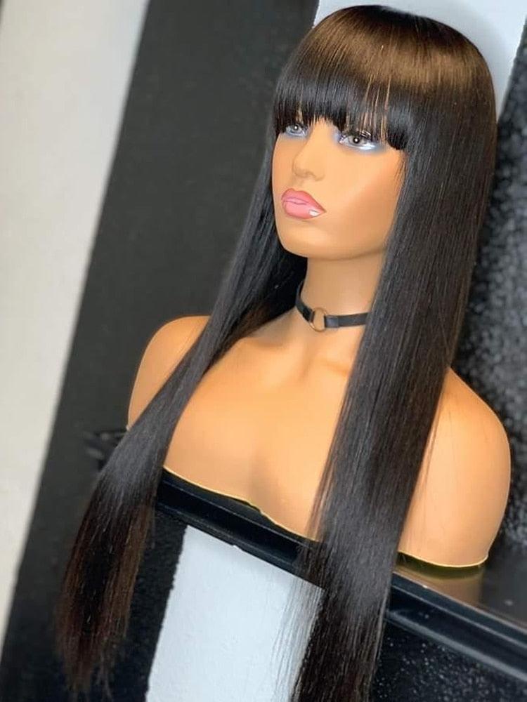 30" Brazilian Straight Long Fringe Wig 100% Human Hair With Bangs 8 - 30 Inches - hairlaidy